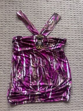 XOXO Y2K Slinky Halter Club Top Metal Magenta Hardware Banded Hem Medium
